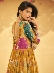 Golden Yellow Embroidered Chinon Silk Anarkali Suit