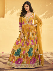 Golden Yellow Embroidered Chinon Silk Anarkali Suit