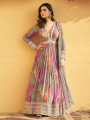 Gray Embroidered Chinon Silk Designer Anarkali Suit