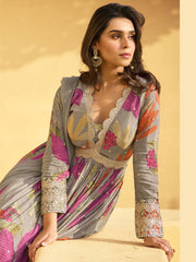 Gray Embroidered Chinon Silk Designer Anarkali Suit