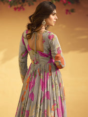 Gray Embroidered Chinon Silk Designer Anarkali Suit