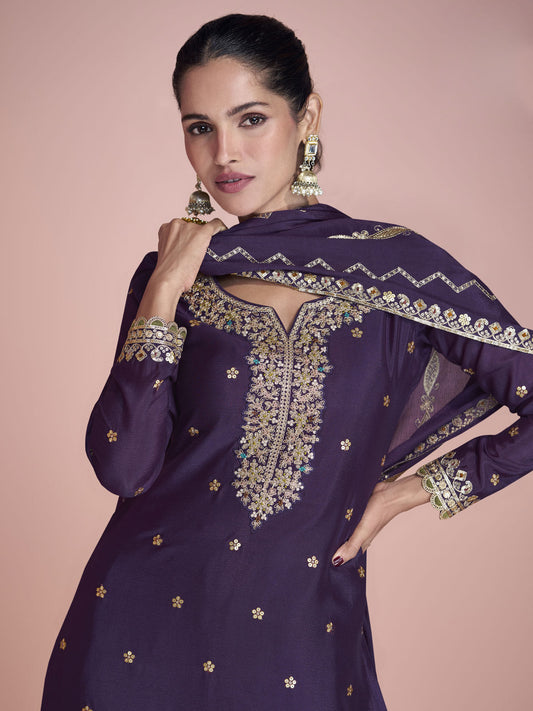 Deep Purple Embroidered Sharara Suit