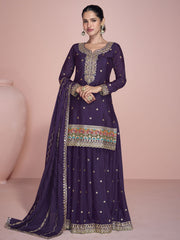 Deep Purple Embroidered Sharara Suit