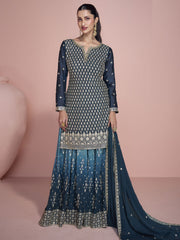 Turquoise Ombre Embroidered Sharara Suit