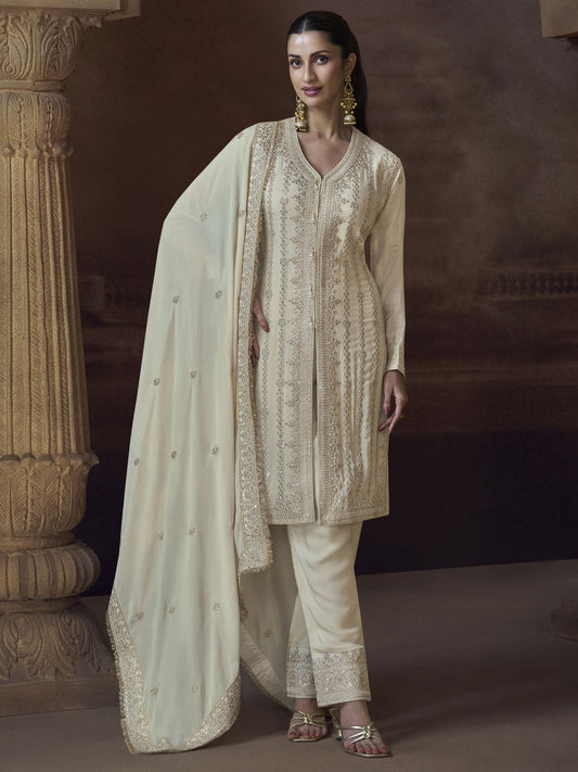 Designer Ivory Chinnon Embroidered Eid Style Salwar Suit