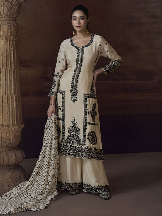 Cream Chinnon Embroidered Eid Style Salwar Suit