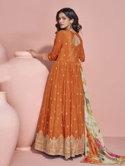 Chinon Orange Embroidered Trendy Gown