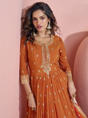 Chinon Orange Embroidered Trendy Gown