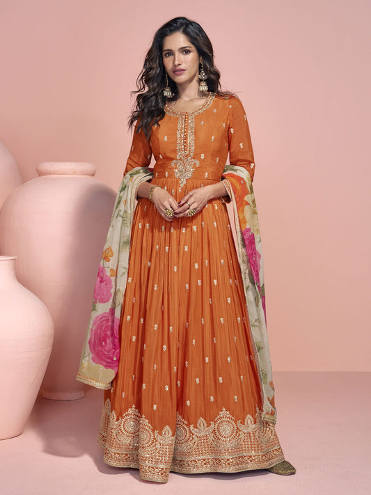 Chinon Orange Embroidered Trendy Gown