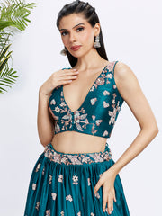 Teal Pure Georgette Sequins and thread embroidery Semi-Stitched Lehenga choli and Dupatta