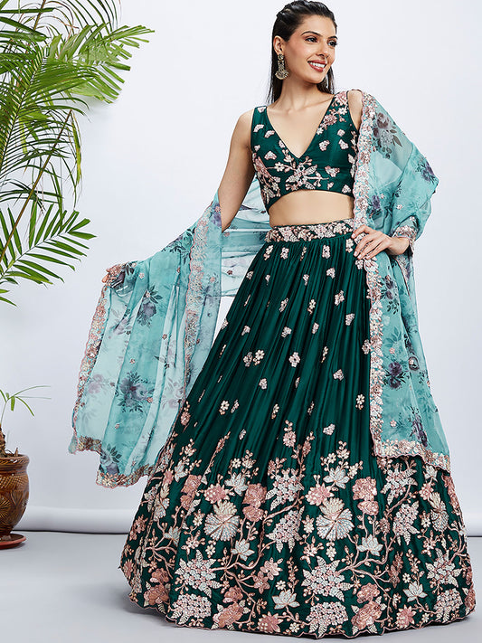 Green Pure Georgette Sequins and thread embroidery Semi-Stitched Lehenga choli and Dupatta