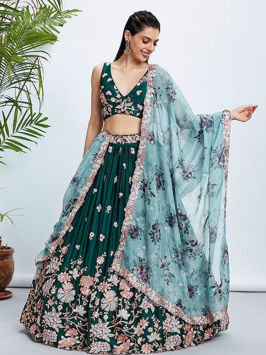 Green Pure Georgette Sequins and thread embroidery Semi-Stitched Lehenga choli and Dupatta