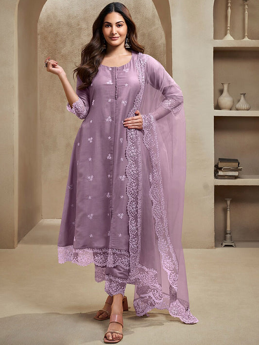 Amyra Dastur Lavender Floral Embroidered Regular Thread Work A-Line Kurta with Trousers & Dupatta