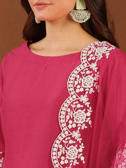 Magenta Thread Work Round Neck Straight Kurta with Trousers & With Dupatta