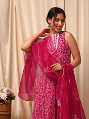 Pink Women Floral Printed Layered Thread Work Kurta with Trousers & With Dupatta