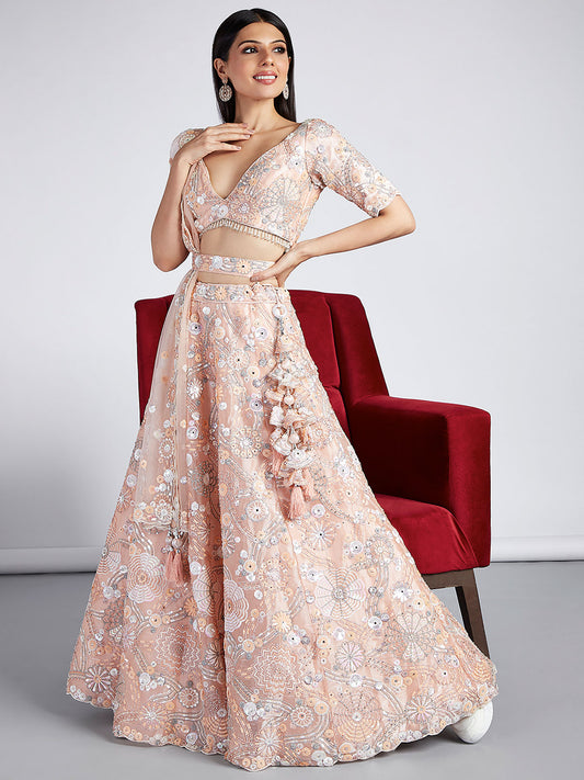 PEACH Organza Sequins, Zarkan and thread embroidery Semi-Stitched Lehenga choli & Dupatta