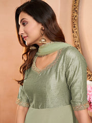 Green Embroidered Fit & Flare Georgette Ethnic Dress & Dupatta