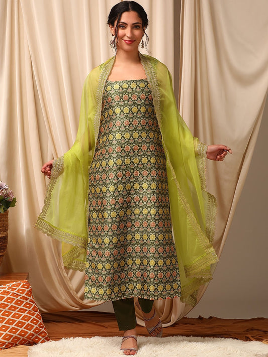 Green Women Regular Kurta with Trousers & With Dupatta