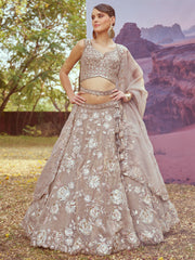 Beige Organza Sequins embroidery Semi-Stitched Lehenga choli & Dupatta