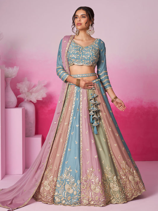 Turquoise Blue & Multi colour Georgette Sequins embroidery Semi-Stitched Lehenga choli & Dupatta