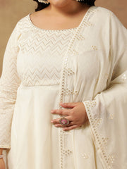 Plus Size Embroidered Empire Thread Work Kurta With Trousers & Dupatta