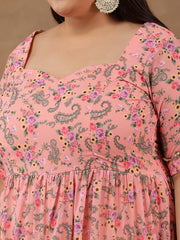 Plus Size Floral Printed Tiered Flared Kurta With Dupatta