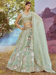 Lime Green Organza Sequins embroidery Semi-Stitched Lehenga choli & Dupatta