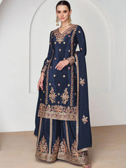 Navy Blue Palazzo Style Premium Chinnon Silk  Festive Suit