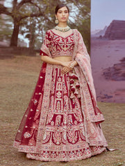 Maroon Pure silk Moti, Sequins embroidery Semi-Stitched Bridel Lehenga choli & Dupatta