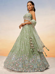 Lime green Chiffon Sequins and thread embroidery Semi-Stitched Lehenga choli & Dupatta