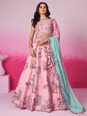 Pink Pure Silk Zarkan, Mirror and heavy Sequin embroidery Semi-Stitched Lehenga choli and Dupatta