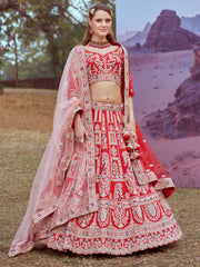 Red Pure silk Moti, Sequins embroidery Semi-Stitched Bridel Lehenga choli & Dupatta