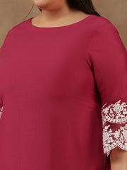 Plus Size Embroidered Thread Work Straight Kurta With Trousers & Dupatta