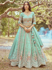 Seagreen Gold crushed Tissue Fabric Moti, Zari work Semi-Stitched Lehenga choli & Dupatta