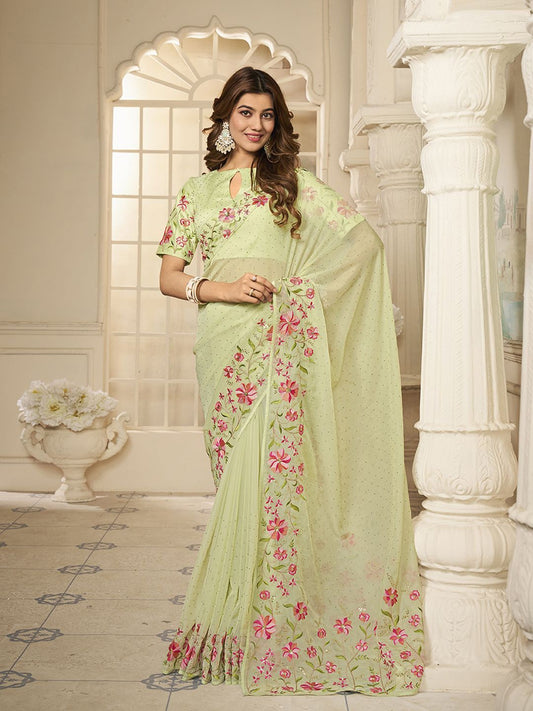 Green And Pink Floral Printed Sequinned Heavy Work Organza Saree