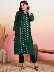 Green Women Ethnic Motifs Regular Chanderi Cotton Kurta with Trousers