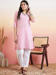 Pink & White Floral Embroidered Straight Kurta & Dhoti Pant