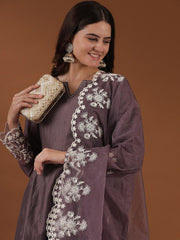 Mauve Notched Neck Thread Work A-Line Kurta with Trousers & With Dupatta