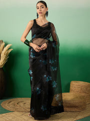 Black Women Floral Digital Printed Saree With Blouse Piece