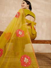 Yellow Floral Embroidered Sequinned Organza Saree