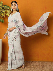 Off White Floral Embellished Poly Georgette Saree