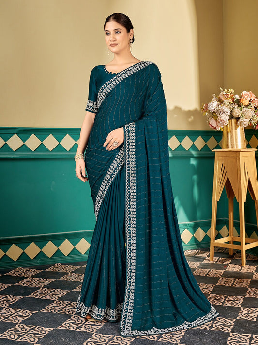 Teal Embellished Sequinned Satin Saree