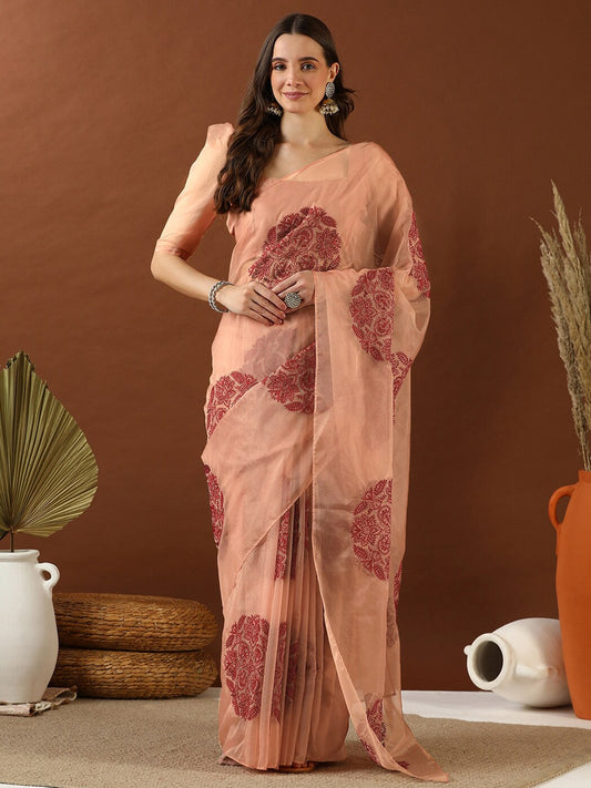 Peach Floral Embroidered Organza Saree