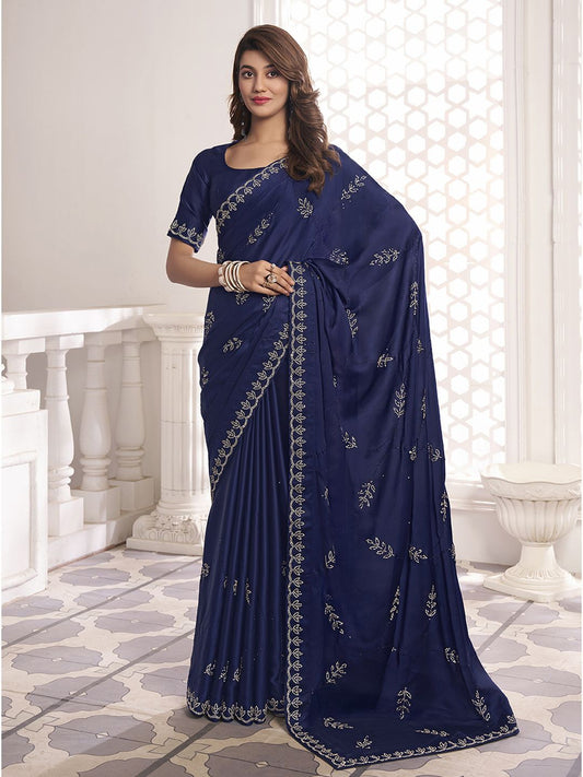 Navy Blue Embellished Beads and Stones Satin Saree