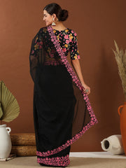 Black And Pink Embroidered Organza Saree