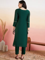 Green Women Ethnic Motifs Regular Chanderi Cotton Kurta with Trousers