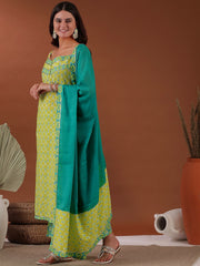 Green Floral Printed Regular Gotta Patti Kurta with Palazzos & Dupatta