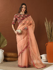 Peach Embroidered Organza Saree