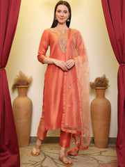 Orange Sequence Embroidered Round Neck Kurta With Trousers & Dupatta