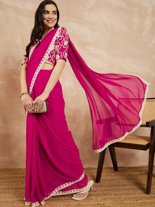 Magenta Embroidered Poly Georgette Saree